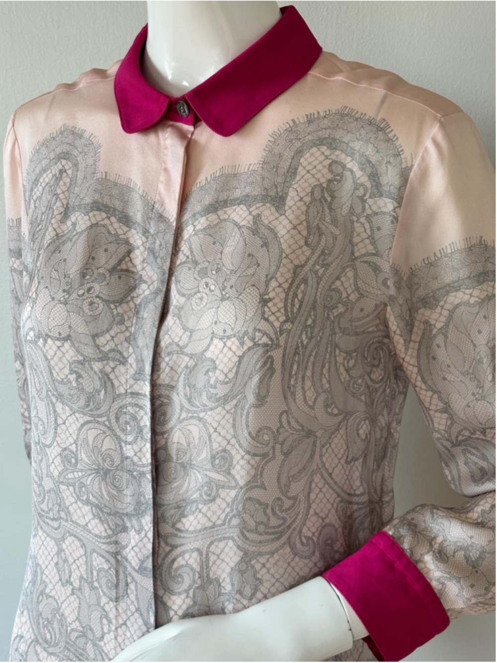 Emilio Pucci Silk Blouse Lace Print Pink Collar - Picture 7 of 10